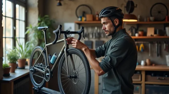 Une personne examinant attentivement son futur vélo dans un atelier de vélociste français, avec des cadres en acier visible en arrière-plan.
