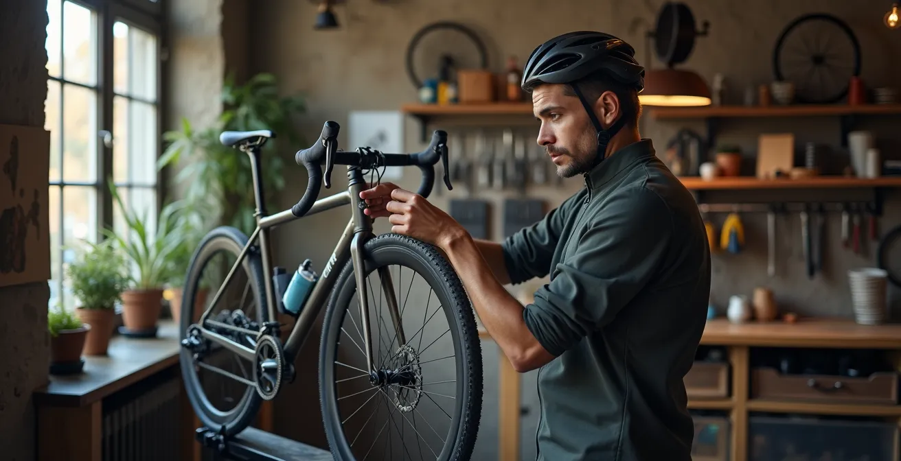 Une personne examinant attentivement son futur vélo dans un atelier de vélociste français, avec des cadres en acier visible en arrière-plan.