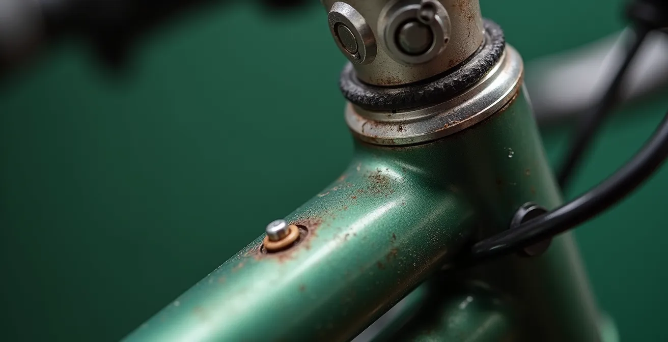 Détail macro d'un cadre de vélo en acier montrant les œillets de fixation et la construction modulaire permettant l'adaptation