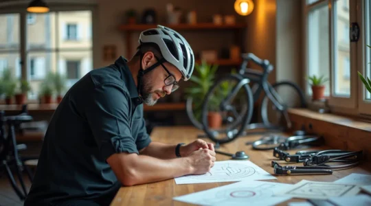 Cycliste mesurant son vélo pour choisir la taille de cadre idéale dans un atelier français