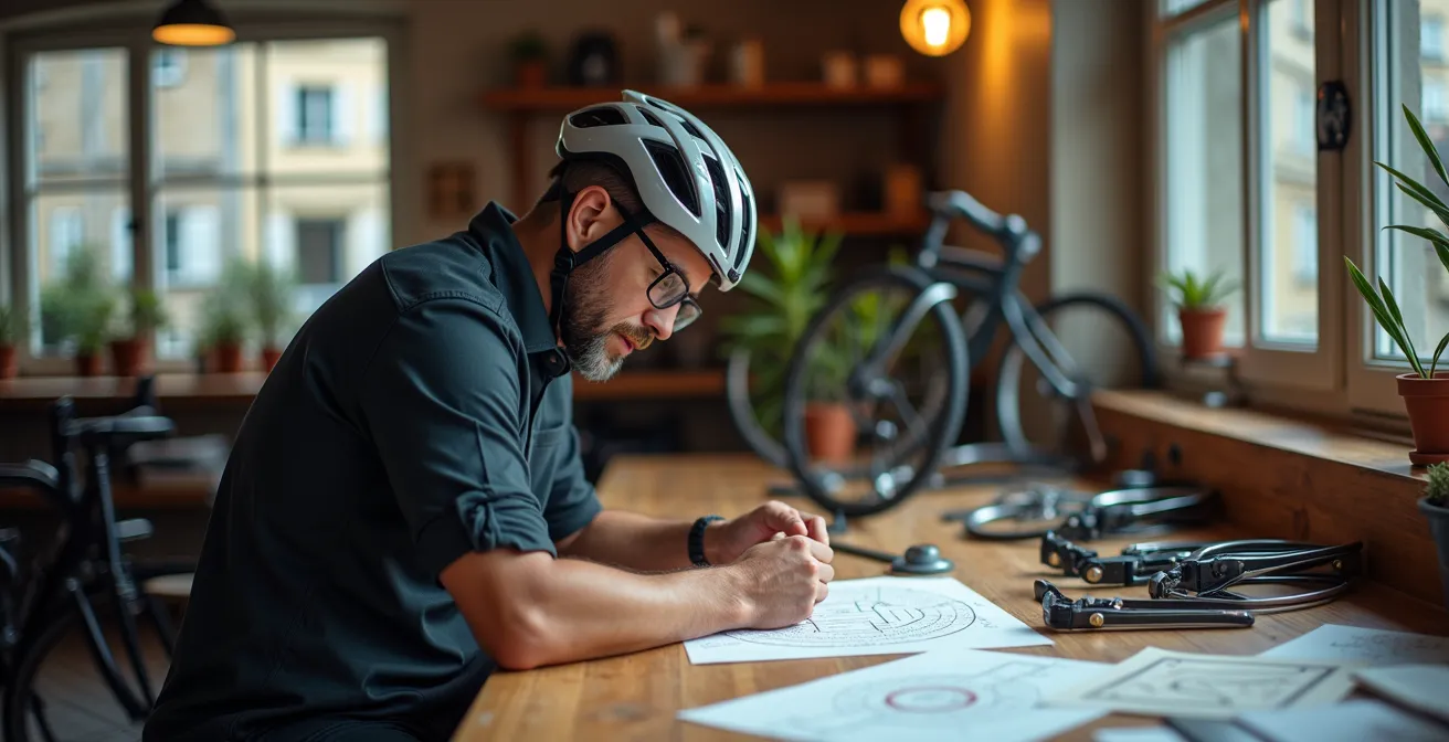 Cycliste mesurant son vélo pour choisir la taille de cadre idéale dans un atelier français