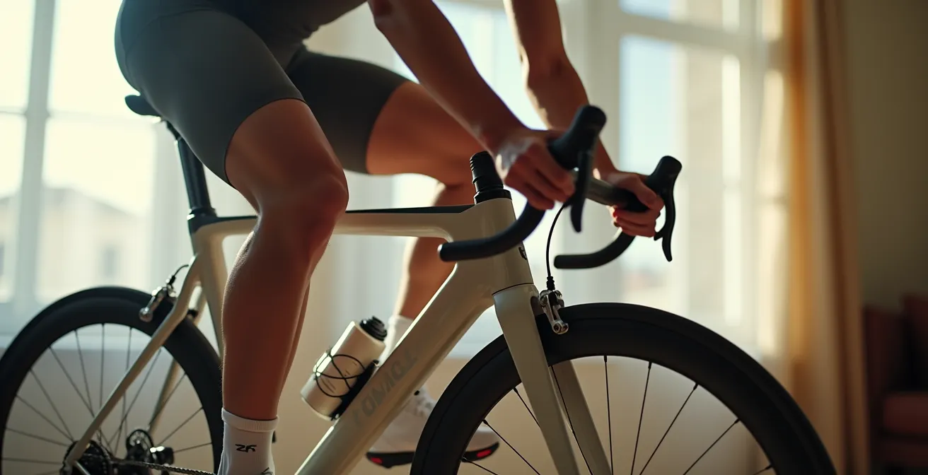 Cycliste en position de route montrant l'alignement biomécanique optimal de la colonne vertébrale, des genoux et des hanches pendant le pédalage