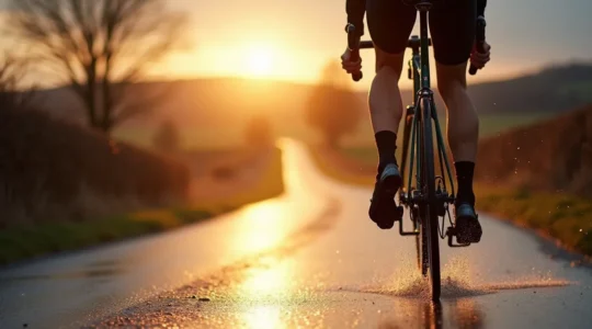 Cycliste roulant sous la pluie sur une route française avec protection complète, montrant l'utilité du garde-boue pour rester au sec par mauvais temps.