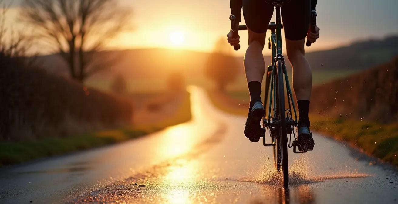 Cycliste roulant sous la pluie sur une route française avec protection complète, montrant l'utilité du garde-boue pour rester au sec par mauvais temps.