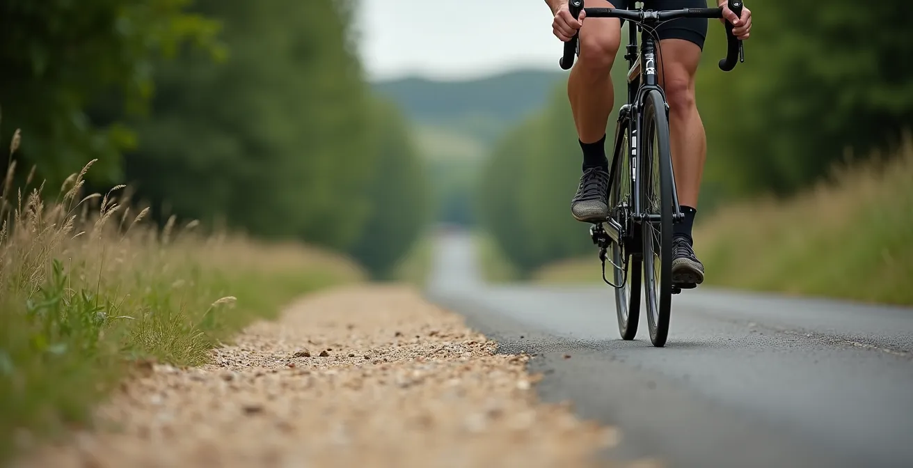 Cycliste en équipement gravel roulant sur une piste mixte (moitié bitume, moitié gravier) à travers la campagne française, illustrant la polyvalence des pneus all-road.