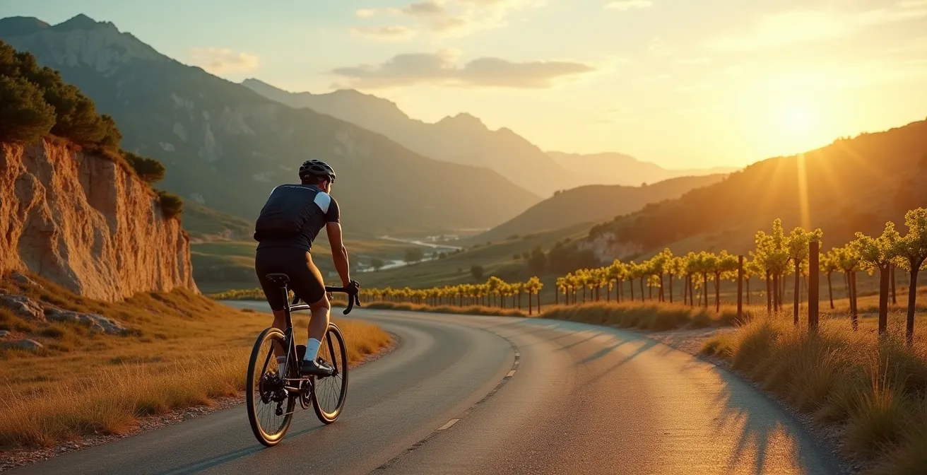Cycliste profitant de la liberté et de l'aventure sur les diverses routes de France avec des paysages variés
