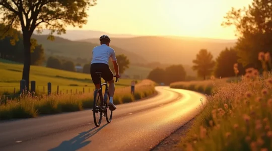 Cycliste solitaire pédal sur une route de campagne française sinueuse, entouré de champs verdoyants et de collines lointaines, illustrant la connexion personnelle avec le territoire.