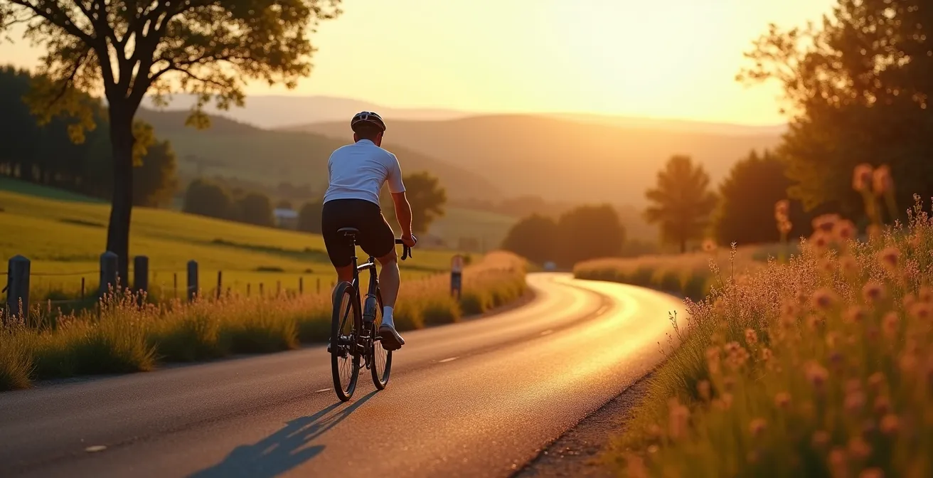 Cycliste solitaire pédal sur une route de campagne française sinueuse, entouré de champs verdoyants et de collines lointaines, illustrant la connexion personnelle avec le territoire.