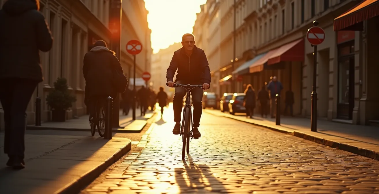 Cycliste en mouvement dans une rue urbaine parisienne, portant des vêtements urbains modernes, soleil rasant mettant en relief les pavés et l'architecture classique française en arrière-plan flou.