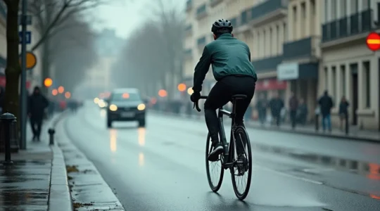 Cycliste urbain sur route mouillée confronté aux projections d'eau et de saleté en ville