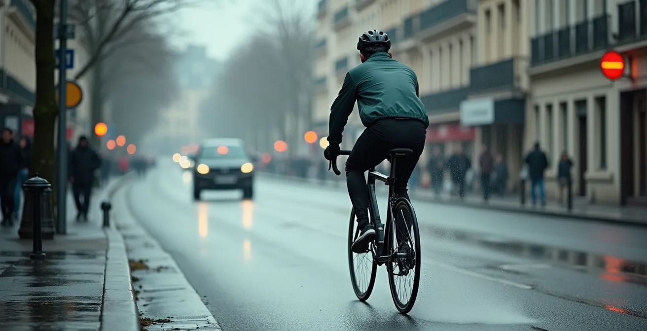 Cycliste urbain sur route mouillée confronté aux projections d'eau et de saleté en ville