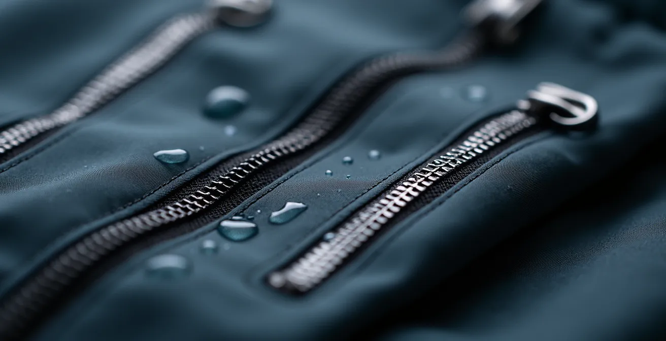 Équipement de cycliste urbain français pour se protéger de la pluie disposé sur surface neutre