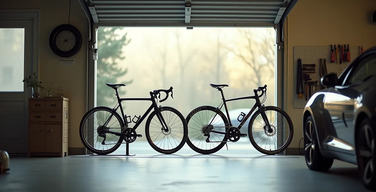 Deux vélos contrastés rangés côte à côte dans un garage français : un gravel en acier et un vélo route urbain carbone.