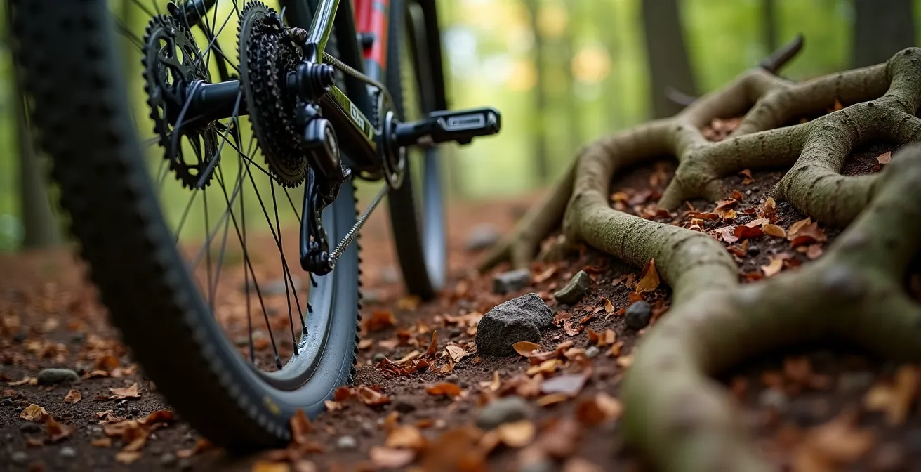 Gros plan sur les racines d'une forêt française, VTT semi-rigide avec géométrie pardonneuse naviguant à travers, technique et stabilité visibles