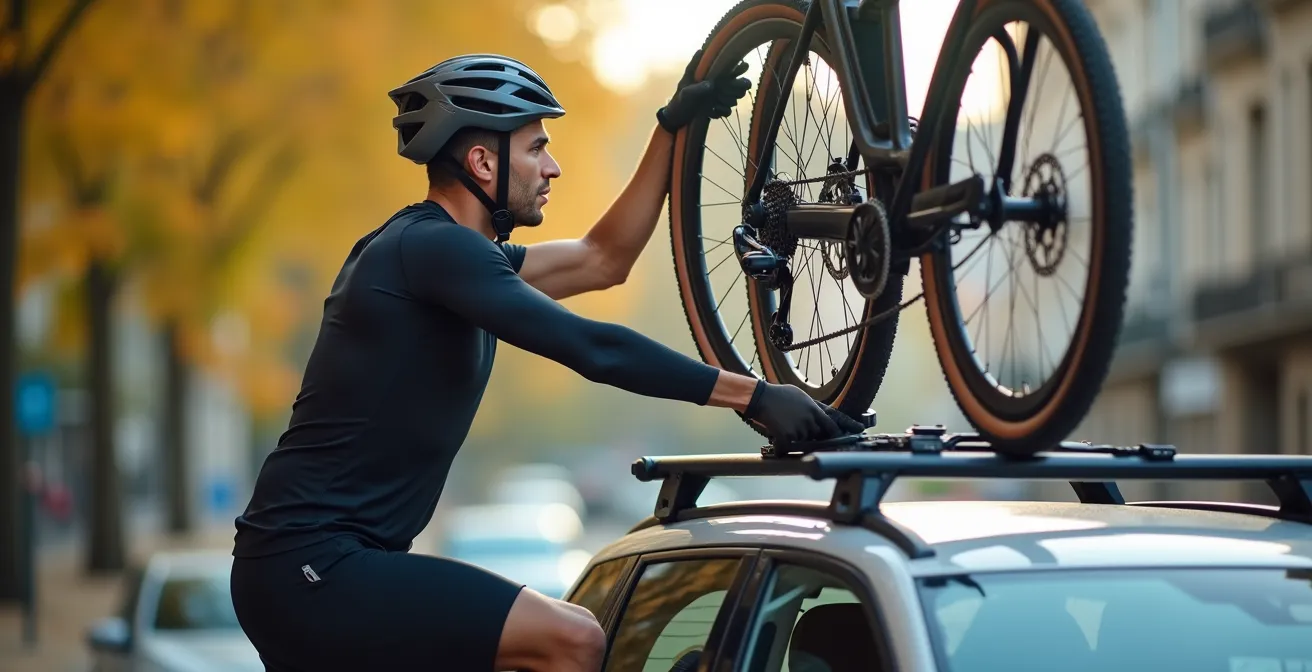 Cycliste levant un vélo électrique lourd vers le toit d'une voiture avec technique correcte, serviette de protection visible.