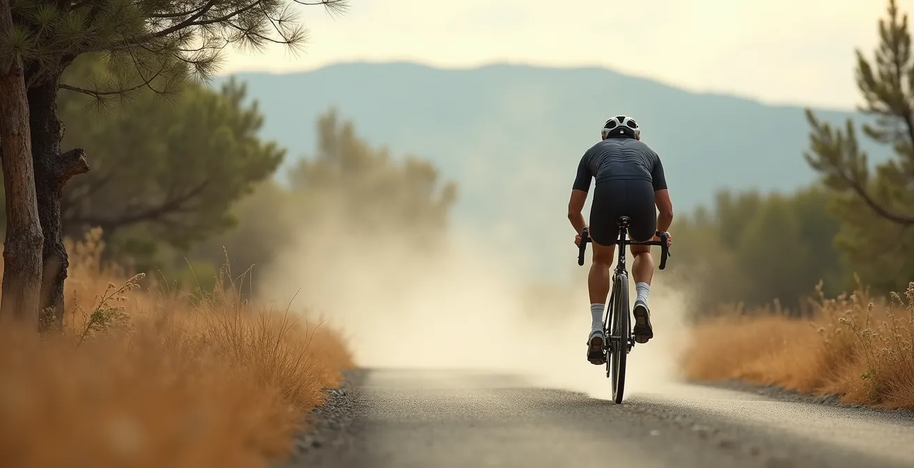 Cycliste pédalant contre le vent fort dans la vallée du Rhône, cheveux et tissu de vêtement ondulant, paysage de Provence sec et rocailleux, illustration du Mistral implacable.