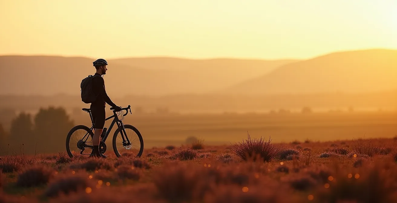 Cycliste arrêté sur un plateau de landes en Auvergne, contemplant l'horizon infini de bruyères mauves et de tourbières, sous un ciel dégagé.