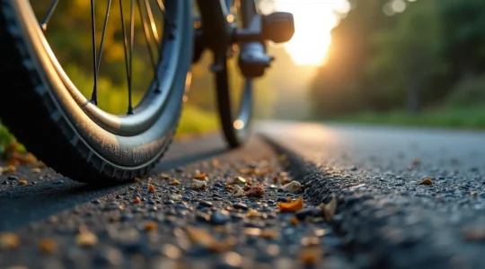 Gros plan détaillé d'un pneu de vélo route montrant la surface de contact avec la route, mettant en évidence la structure de gomme et le profil de roulement.