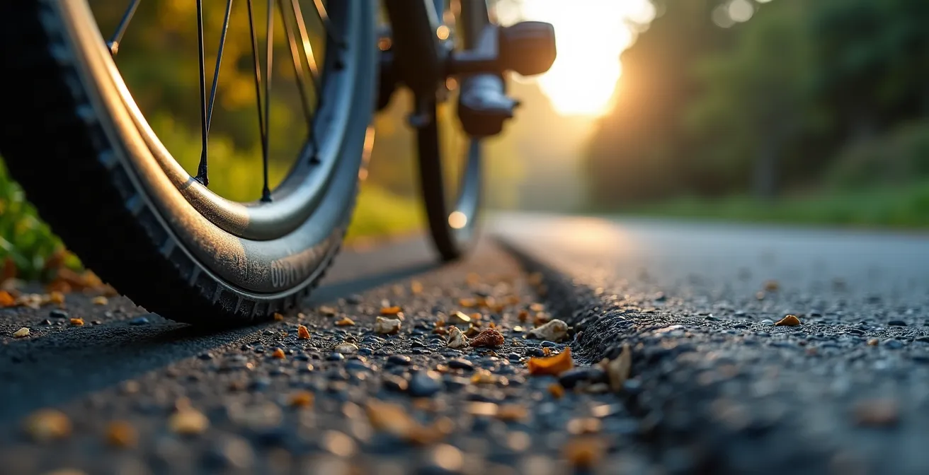 Gros plan détaillé d'un pneu de vélo route montrant la surface de contact avec la route, mettant en évidence la structure de gomme et le profil de roulement.