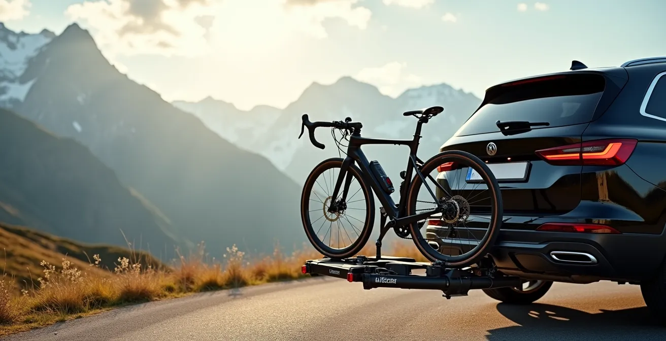 Vue d'ensemble d'un porte-vélo sur attelage chargé de deux vélos modernes sur une route de montagne française avec paysage alpin en arrière-plan.