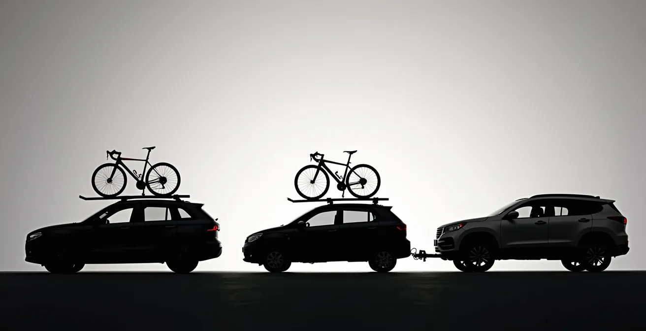 Vue de trois silhouettes de types de porte-vélos (toit, hayon, attelage) sur un véhicule de profil, avec des symboles de poids et de compatibilité VAE, représentant visuellement l'arbitrage entre les options