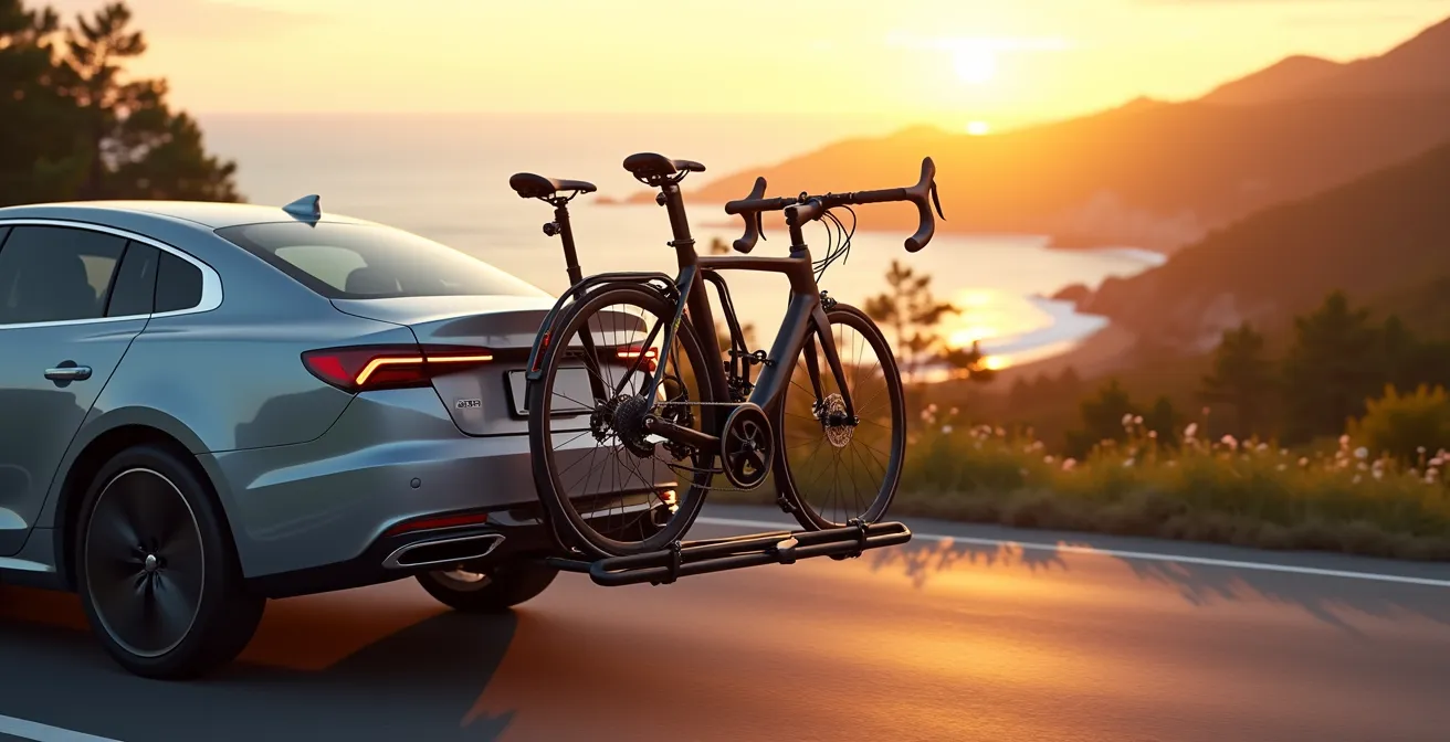 Porte-vélo chargé de deux vélos modernes sur une voiture, prêt pour un road-trip côtier en France avec l'océan en arrière-plan