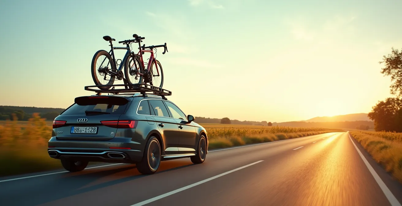 Voiture moderne avec porte-vélo de toit sur route ensoleillée en France rurale, trois vélos multicolores sécurisés.