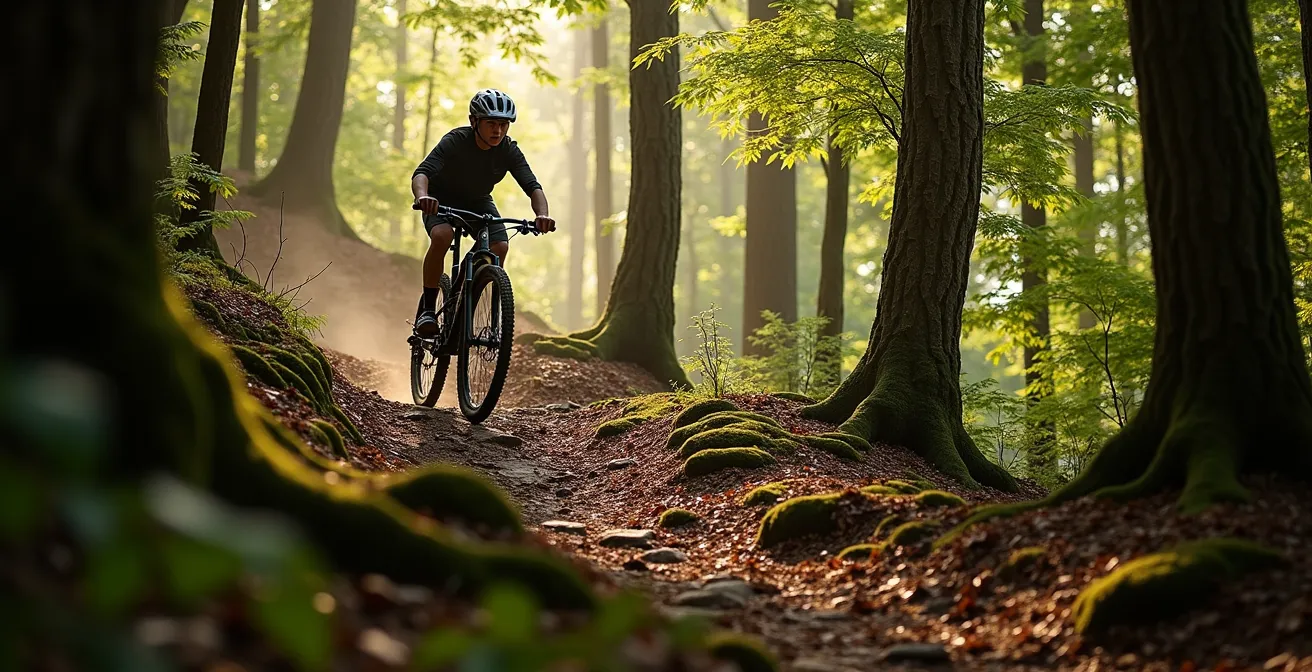 Silhouette d'un vététiste en position de descente optimale sur un chemin forestier pentu avec racines, montrant la posture élevée du corps et les genoux fléchis