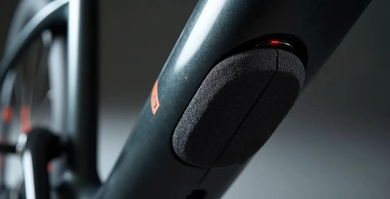Gros plan détaillé des points de contact d'un porte-vélo avec protection en mousse sur un cadre en carbone, montrant les détails techniques