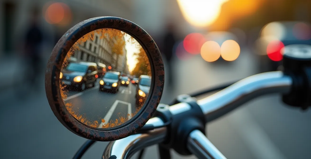 Reflet dans un rétroviseur de vélo montrant la circulation urbaine, avec des voitures floutées en arrière-plan et la rue pavée réfléchie