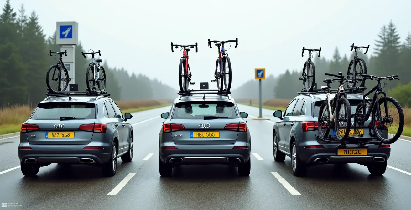 Trois voitures de famille avec les trois types de porte-vélos (toit, hayon, attelage) en scène parallèle montrant les différences visuelles et spatiales