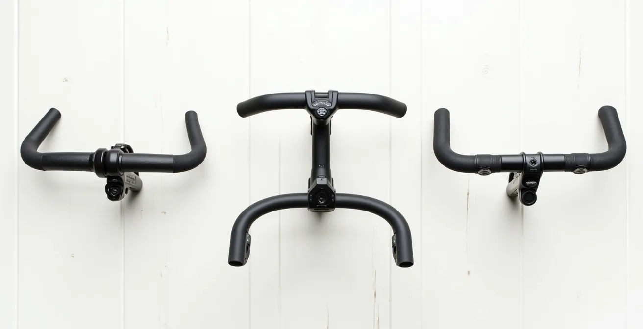 Comparaison visuelle des trois types de cintres vélo : cintre plat droit, cintre route traditionnel et cintre papillon multi-positions montrant les zones de préhension