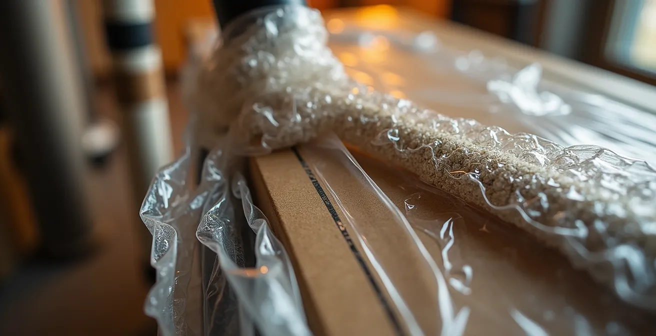 Détail macro d'un carton ouvert révélant les pièces d'un vélo emmaillotées dans du papier bulle blanc et du film plastique de protection, montrant une méthode rigoureuse d'emballage
