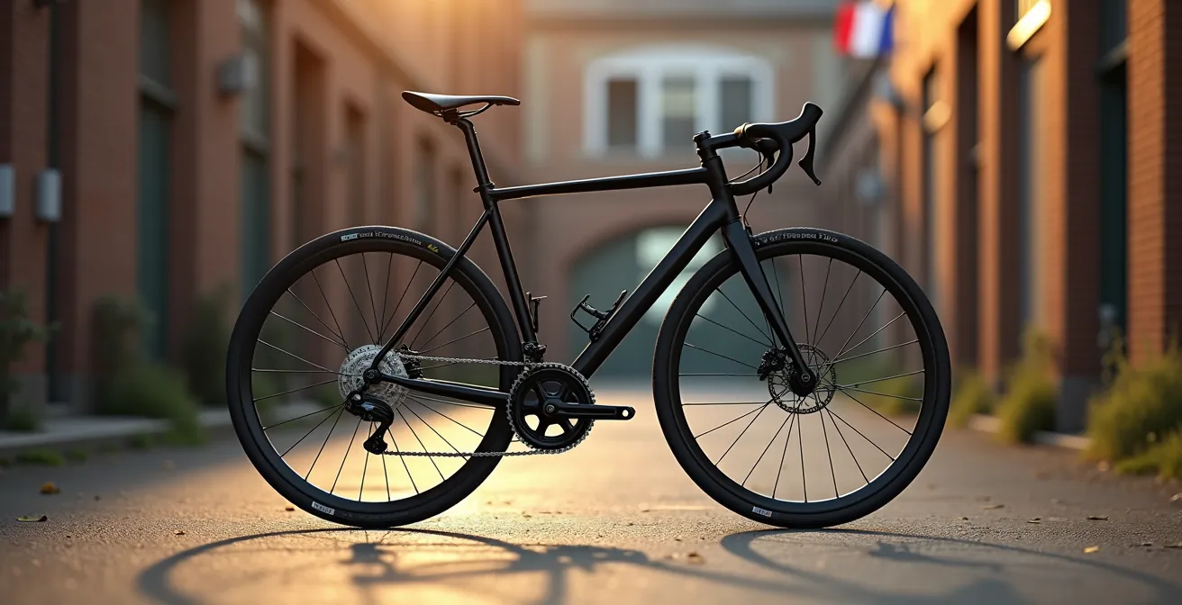 Vélo urbain français sur route, symbolisant l'acte militant de consommation locale et la réindustrialisation