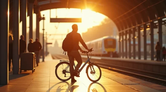 Un cycliste avec son vélo multicolore descend d'une gare de train française, voyageant léger avec ses sacoches de bikepacking, symbole de la mobilité douce intermodale