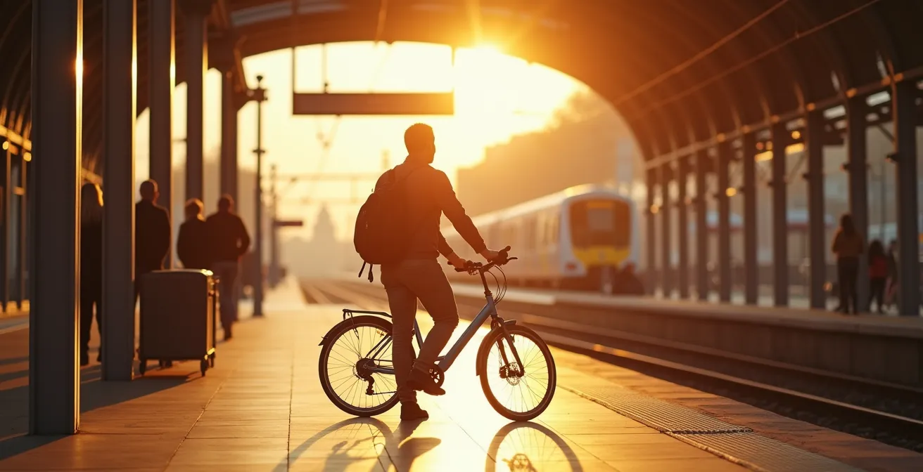 Un cycliste avec son vélo multicolore descend d'une gare de train française, voyageant léger avec ses sacoches de bikepacking, symbole de la mobilité douce intermodale
