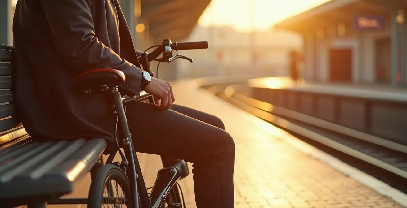 Photographie d'un vélo Brompton noir brillant plié de manière compacte à côté d'un banc en gare SNCF, avec une gare française en arrière-plan floue, symbolisant la liberté intermodale