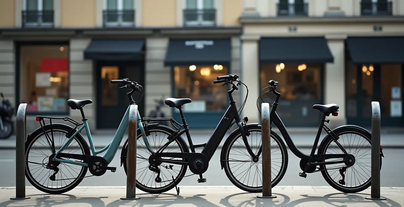 Rangée de trois types de vélos différents (classique, électrique, cargo) stationnés côte à côte dans un arceau urbain, montrant leurs silhouettes distinctes et leurs proportions