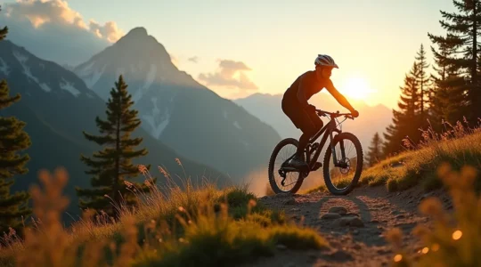 Cycliste sur VTT en montagne, traversant un sentier technique avec assurance, paysage alpin français visible en arrière-plan