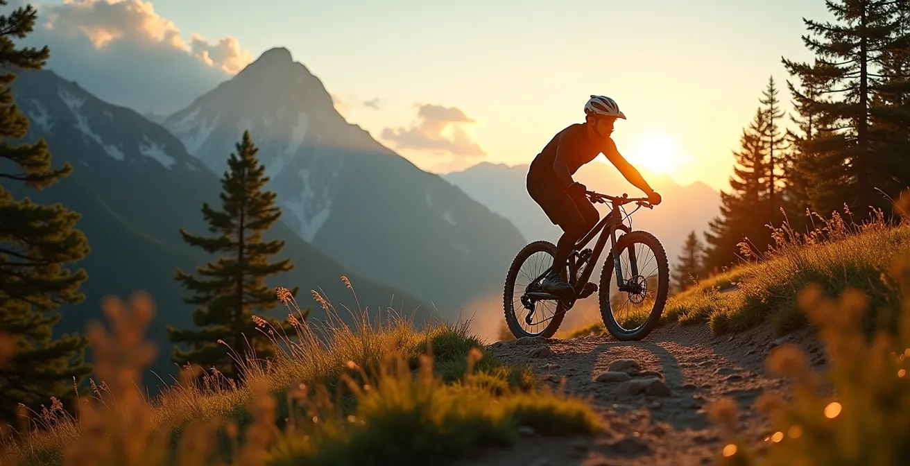Cycliste sur VTT en montagne, traversant un sentier technique avec assurance, paysage alpin français visible en arrière-plan
