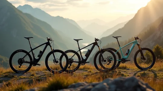 Vue aerienne d'une collection de VTT francais de differentes marques, assembles dans un paysage montagneux franco-alpin avec differentes geometries et finitions visibles de profil