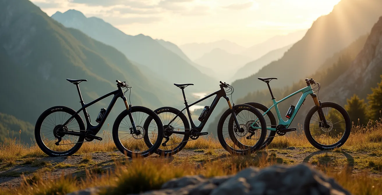 Vue aerienne d'une collection de VTT francais de differentes marques, assembles dans un paysage montagneux franco-alpin avec differentes geometries et finitions visibles de profil