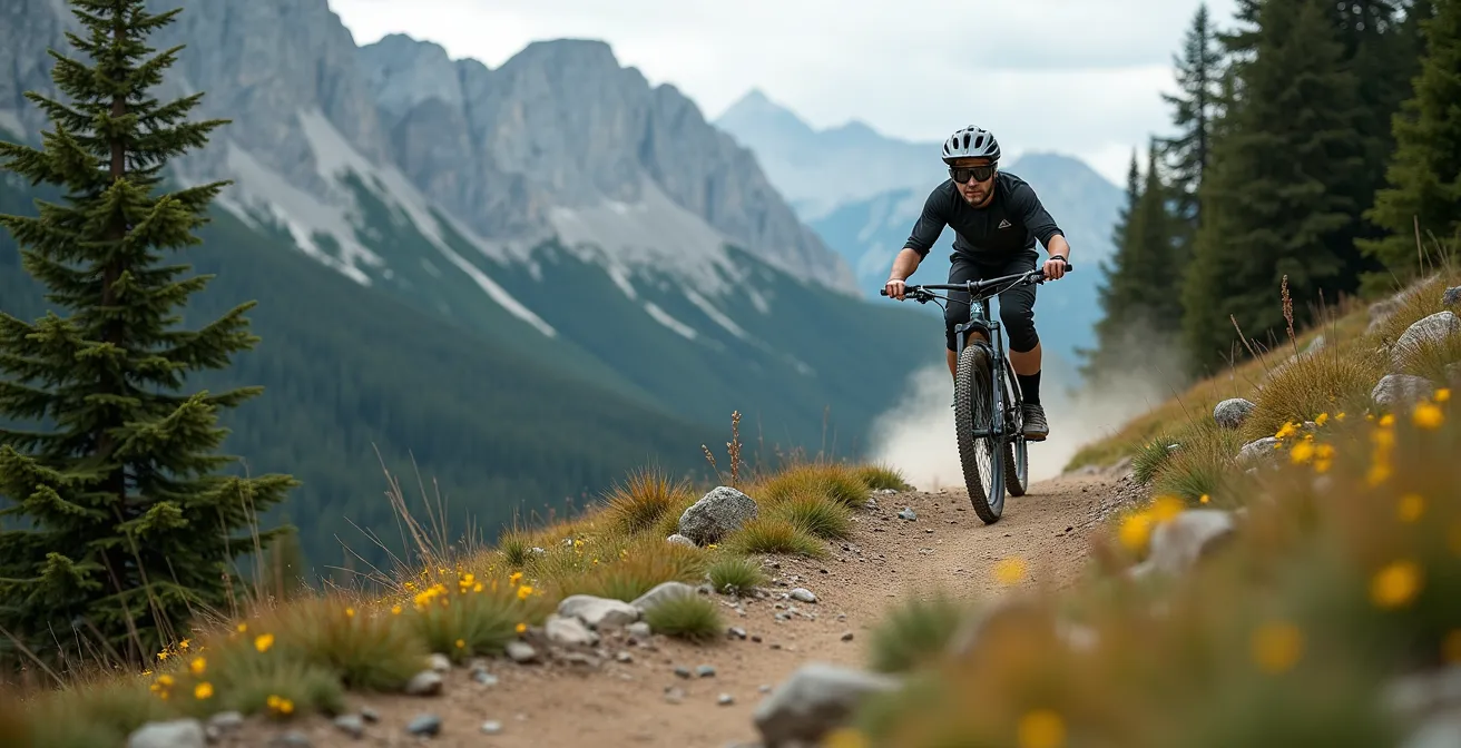 Pilote VTT en train de décider sa trajectoire sur un sentier technique alpin avec vue sur les montagnes françaises
