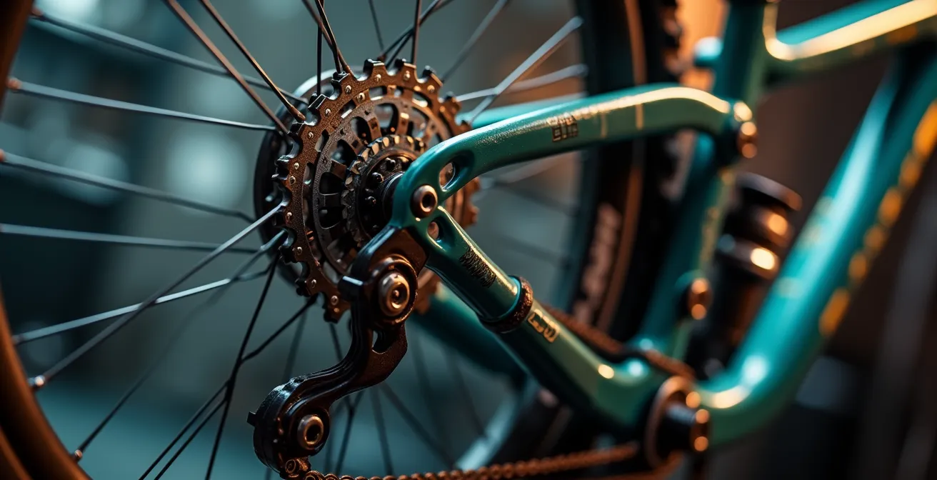 Vue détaillée en gros plan d'un VTT tout-suspendu avec amortisseurs et biellettes complexes, montrant les zones fragiles à protéger lors de la fixation sur porte-vélo.