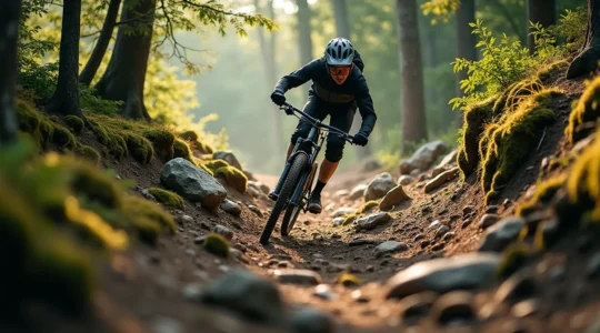 Vététiste en descente technique observant attentivement le terrain rocheux et les racines, dans un paysage de montagne française avec forêt dense