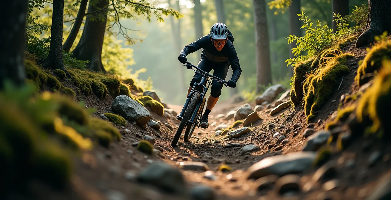 Vététiste en descente technique observant attentivement le terrain rocheux et les racines, dans un paysage de montagne française avec forêt dense