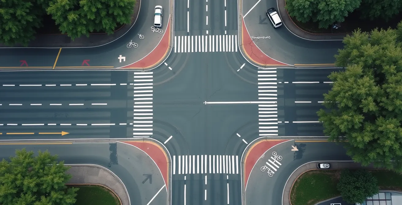 Vue aérienne minimaliste d'une intersection urbaine avec pistes cyclables et passages piétons