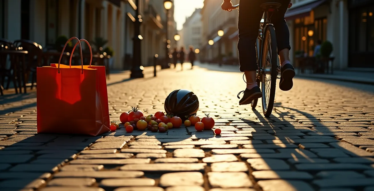 Scène symbolique d'accident vélo-piéton en milieu urbain français