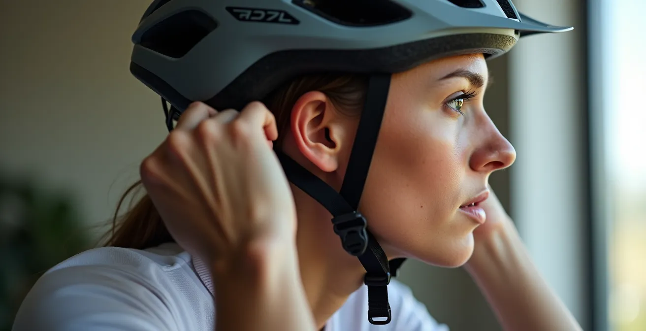 Cycliste vue de profil montrant le positionnement correct du casque avec guides visuels