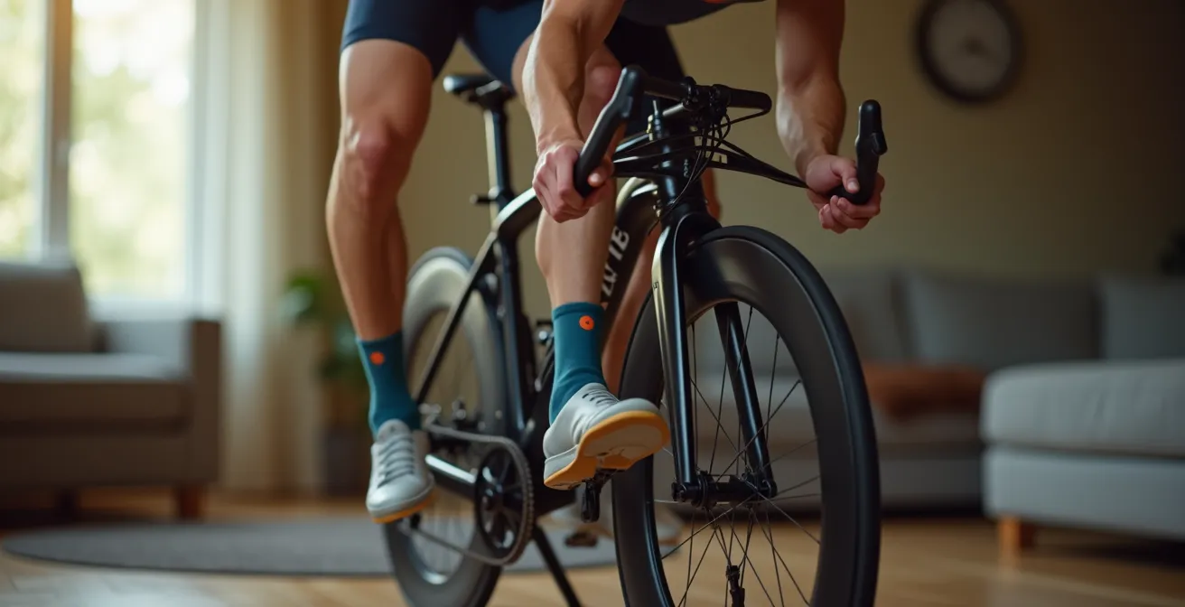 Vue latérale d'un cycliste sur home trainer avec marqueurs colorés aux articulations